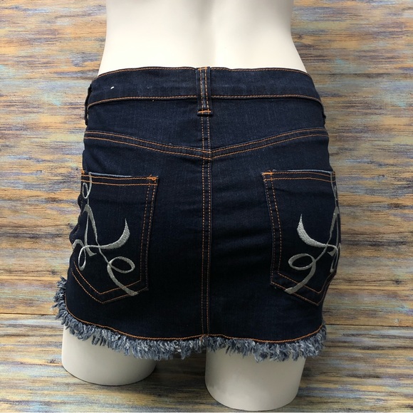 Denim Mini Skirt Embroidered Fringe Raw Hem - Picture 11 of 13